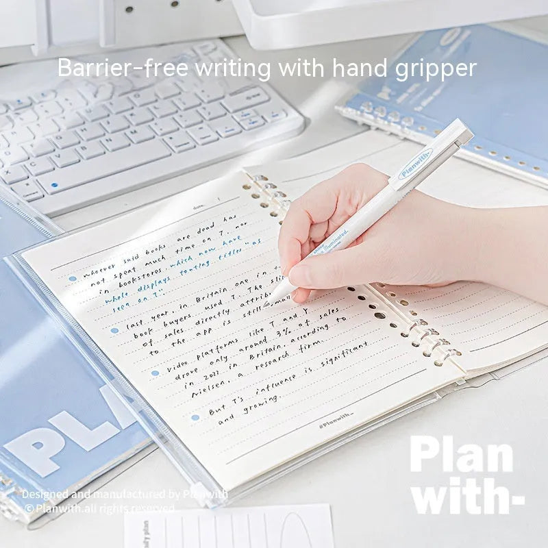 Transparent A5 PVC document canister with spiral notebook in white or blue, 148 × 210mm dimensions