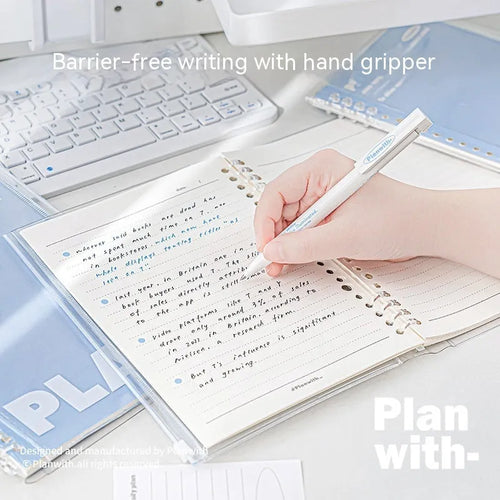 Transparent A5 PVC document canister with spiral notebook in white or blue, 148 × 210mm dimensions