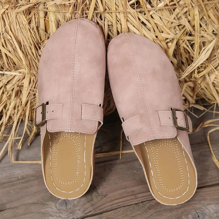 Women's casual wedge slipper in light brown with cloth upper and rubber sole