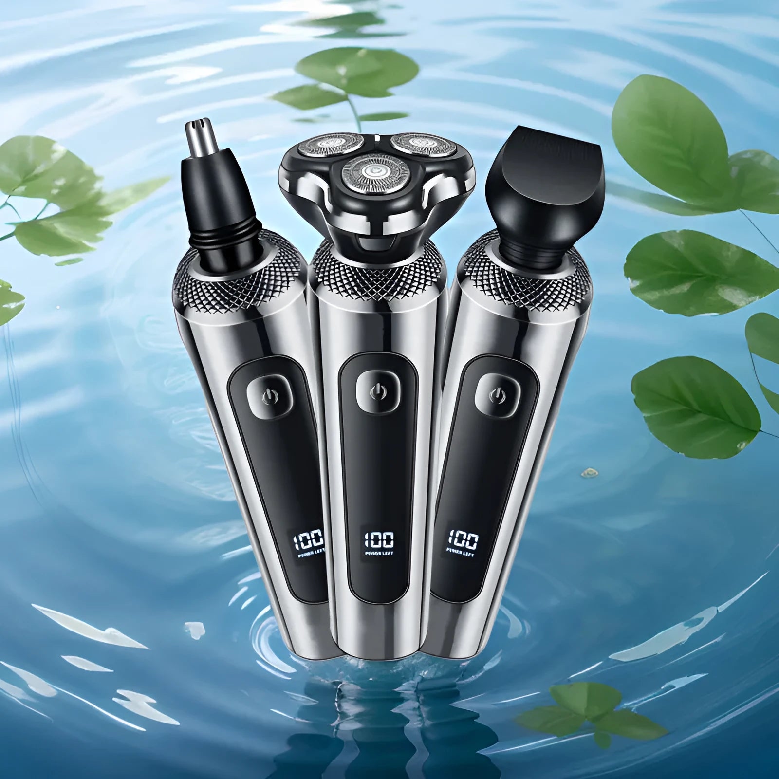 Digital display USB rechargeable beard trimmer with floating cutter head on five-in-one base bracket