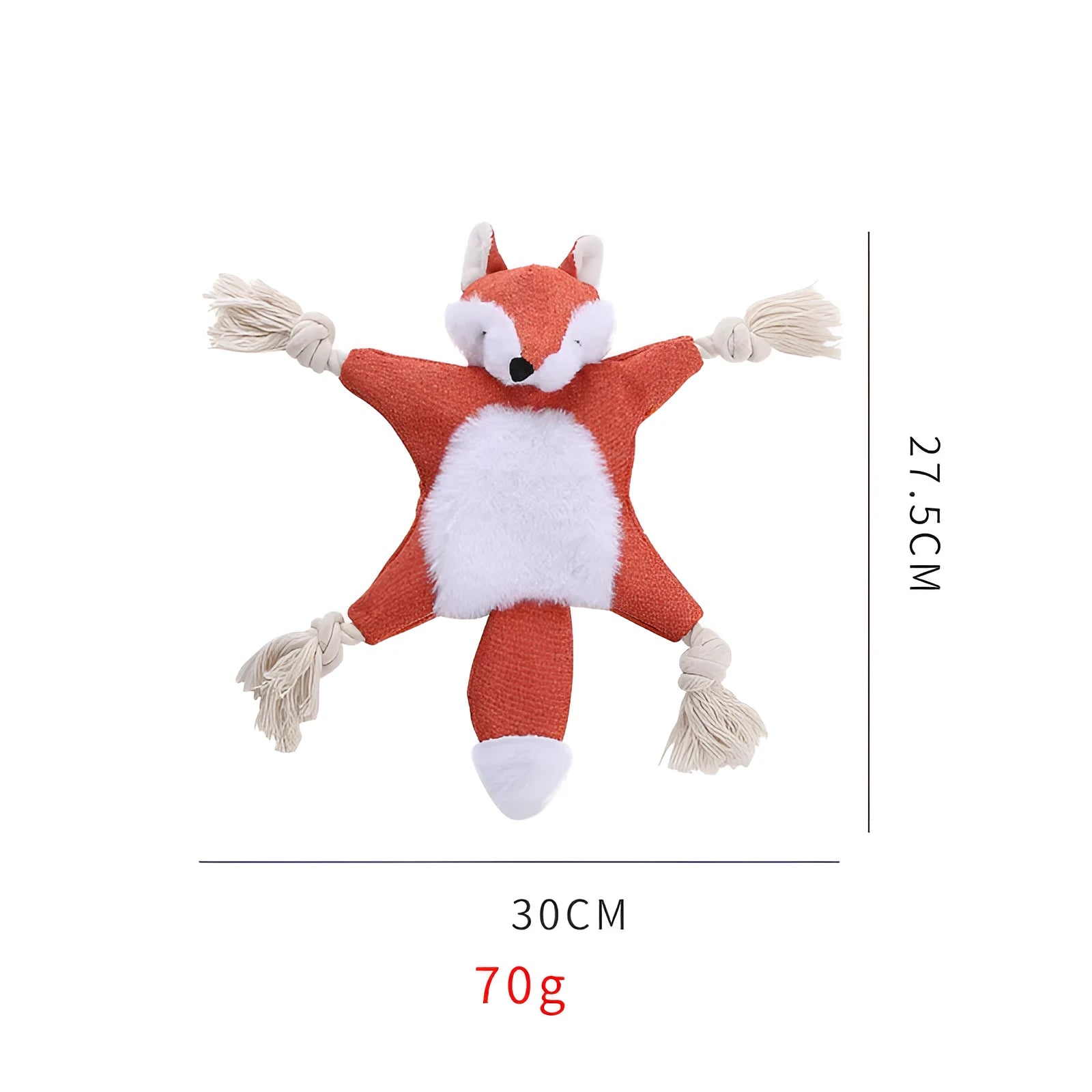 Brown plush fox dog toy with embroidered eyes, cotton rope arms and legs with knots.