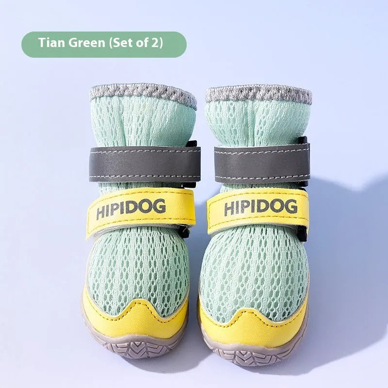 Cartoon-style blue and green dog shoes with wear-resistant PU soles for summer paw protection.