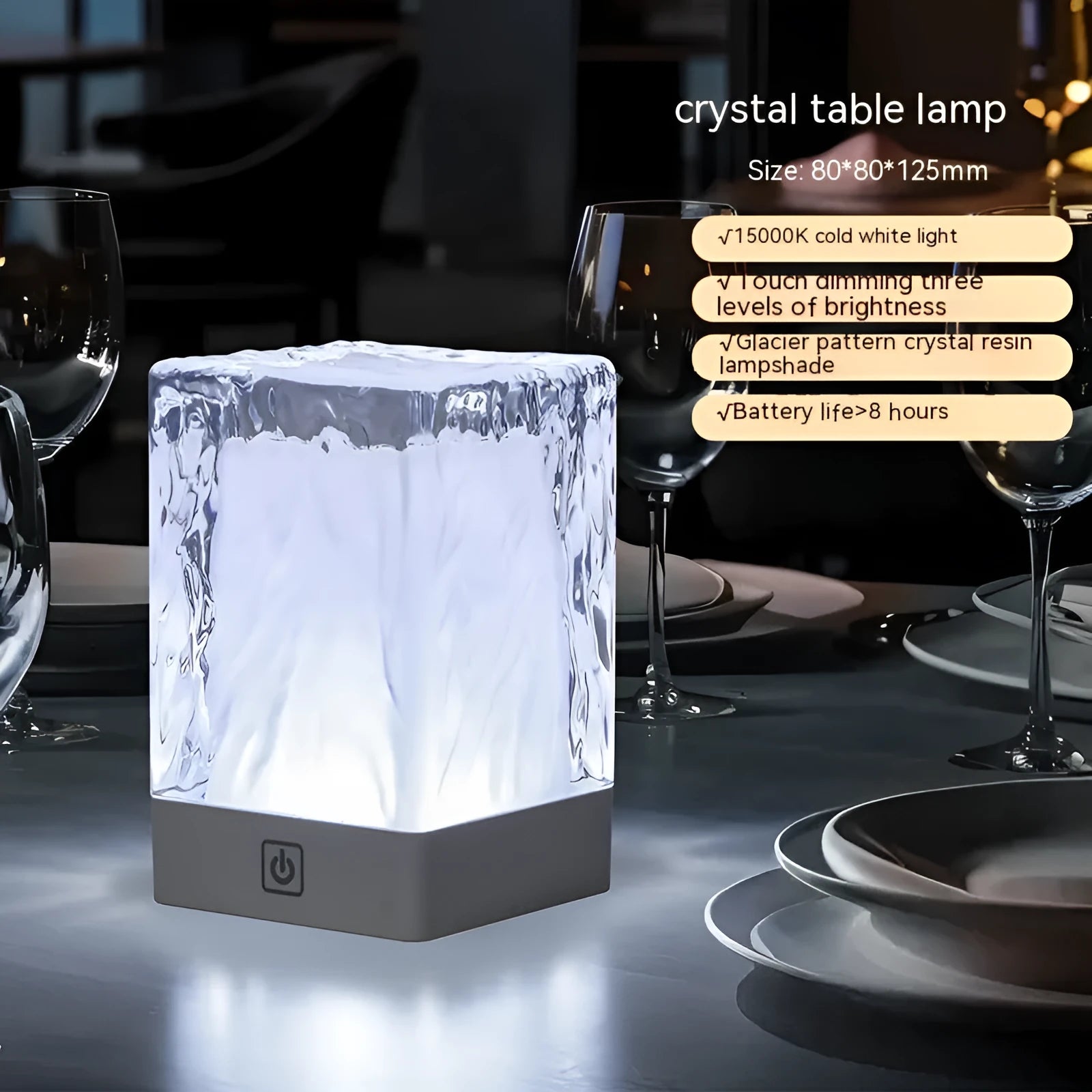 Crystal lamp desktop night light with USB cable and touch control, 80x80x12mm in cold white light variant