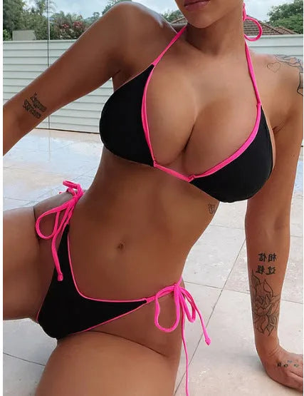 Women's triangle bikini set with lace-up front detail, shown in one of twelve available colour styles