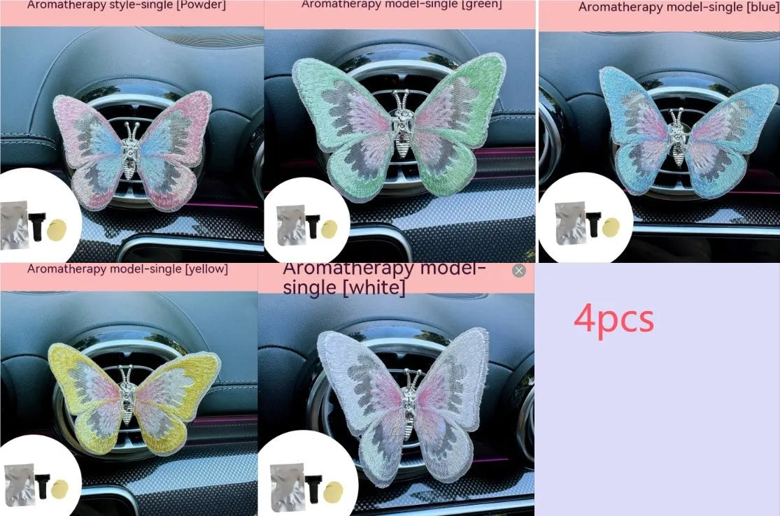 Moving embroidery butterfly decoration on car centre console air vent in pink fabric