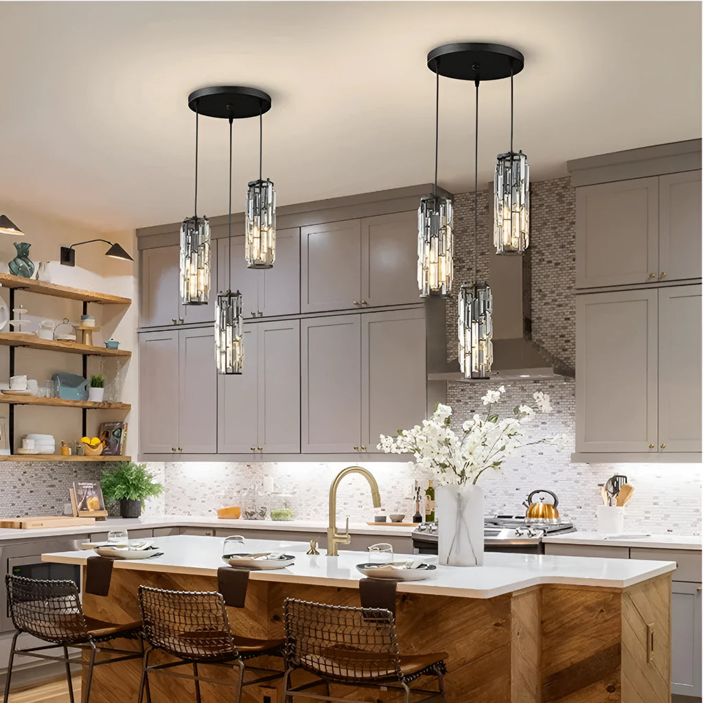 Industrial single head LED droplight with crystal design in black, gold, or chrome finish for bedside or aisle use.