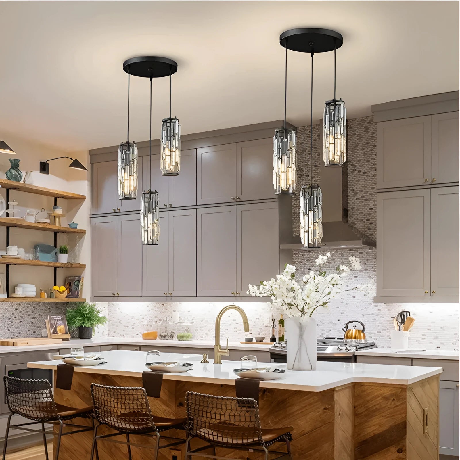 Industrial single head LED droplight with crystal design in black, gold, or chrome finish for bedside or aisle use.