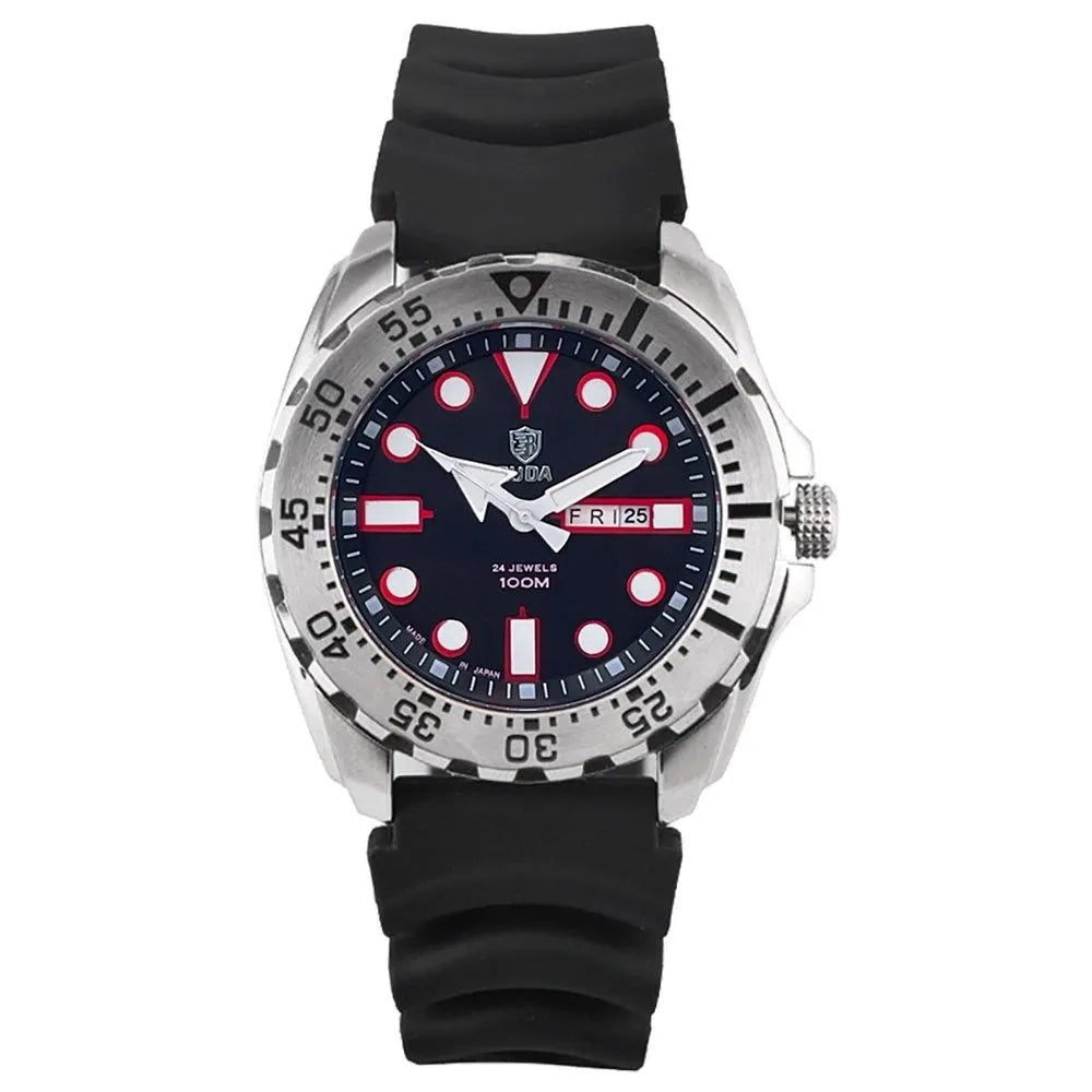 Waterproof men's sports watch with luminous quartz movement showing blue dial and steel strap option