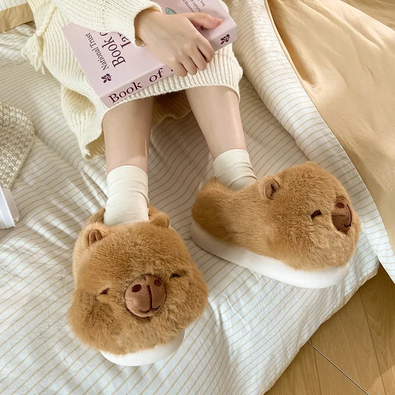 Light brown women's winter slippers with artificial wool lining and cartoon pattern