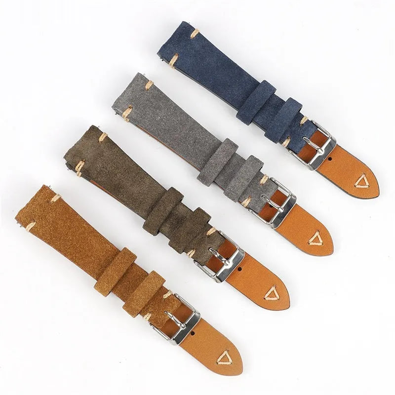 Genuine suede leather watch strap in Army Green, Blue, Brown, or Grey colour, showing 20mm and 22mm width options.