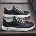 Men's white casual flat shoes with a PU upper and round toe, shown on a light background.