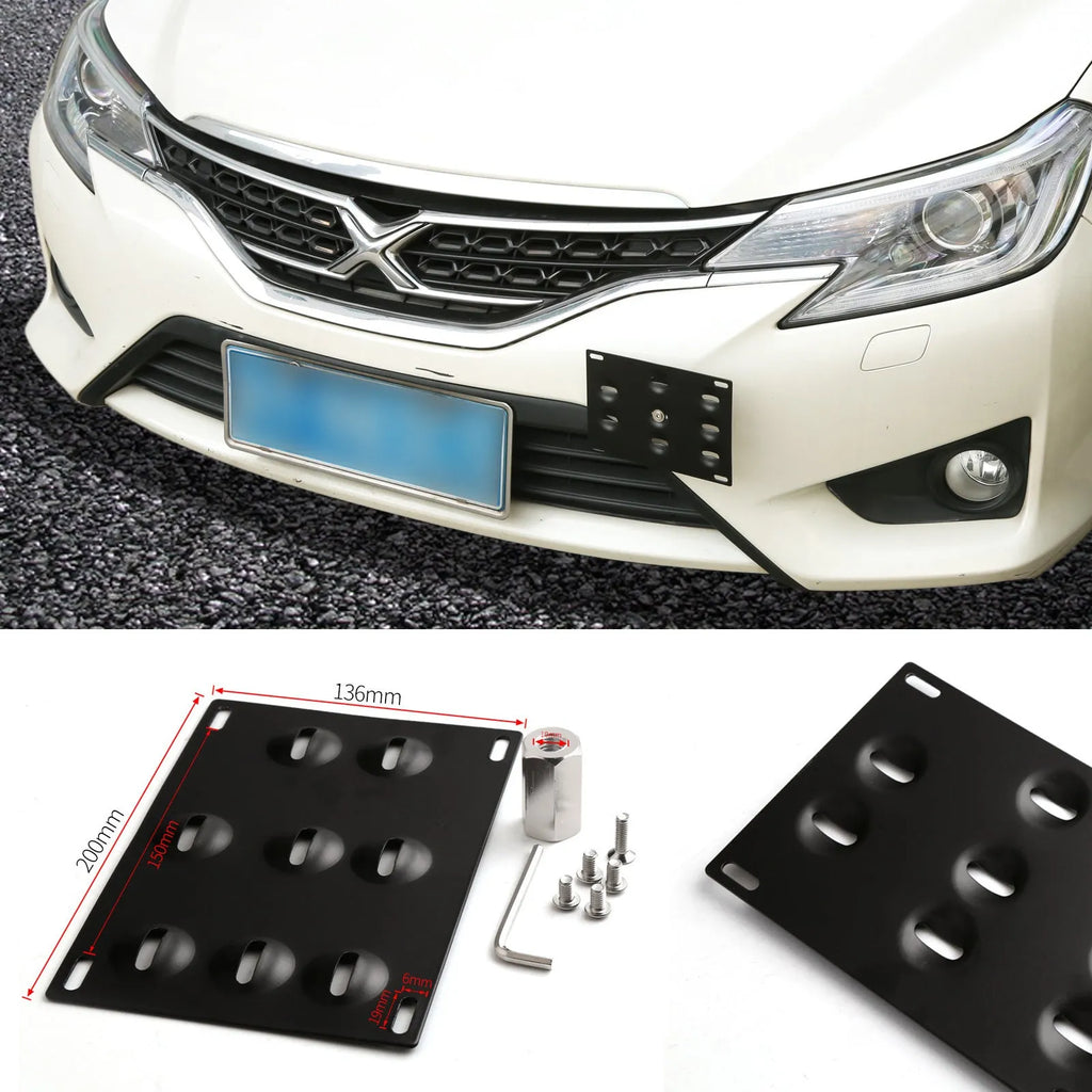 Metal American licence plate frame with integrated trailer hook for car modification on a vehicle