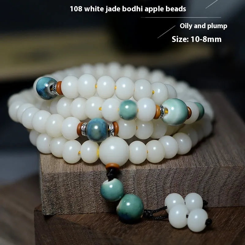White jade Bodhi seed bracelet with 108 flat round beads in unisex national style