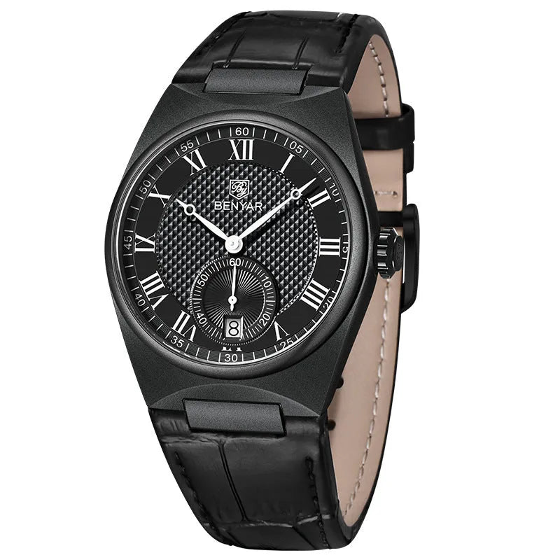 Men's quartz watch with calendar, waterproof, 12mm thickness, black shell black surface on wrist