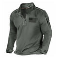 Men's grey zip-up sweater with a stand collar and long sleeves on a hanger.
