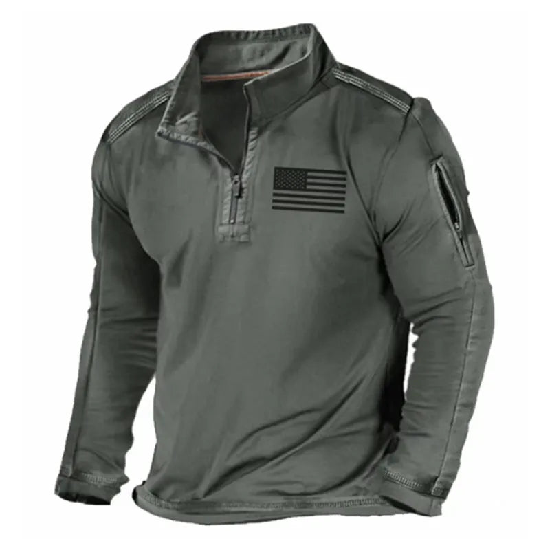 Men's grey zip-up sweater with a stand collar and long sleeves on a hanger.