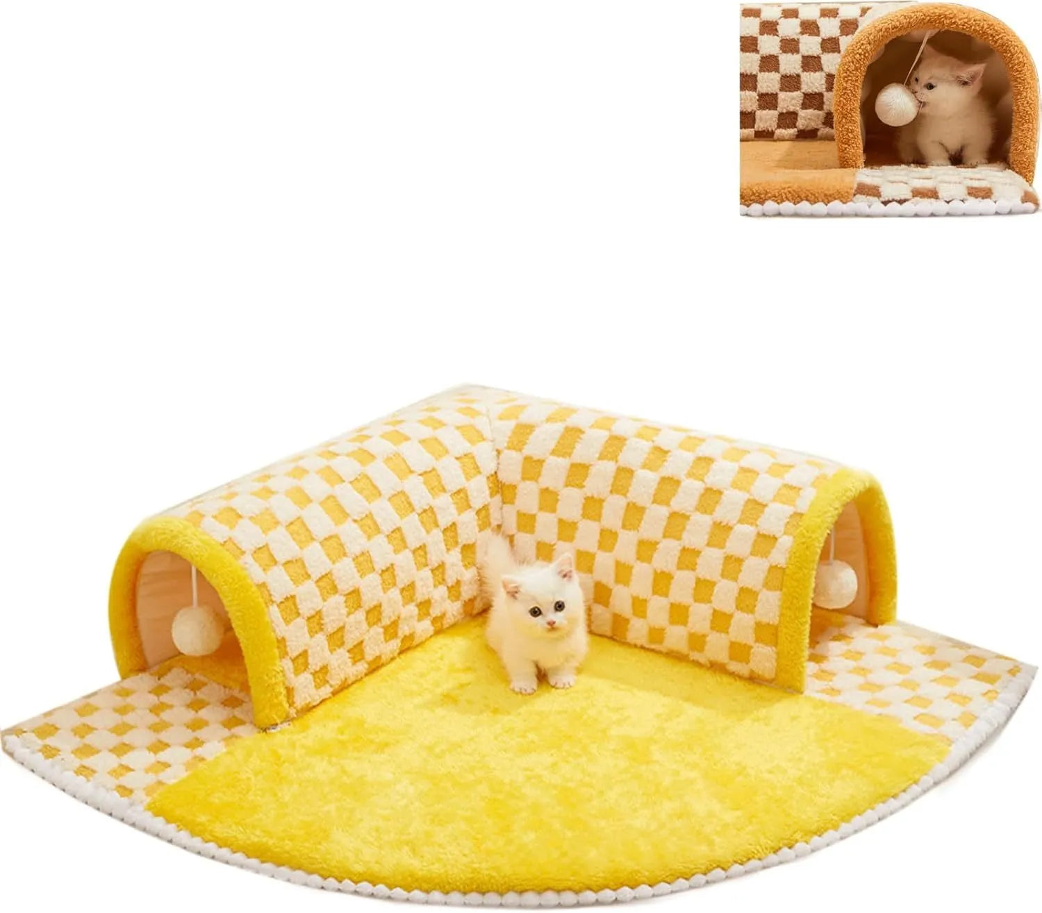 Brown plaid plush cat tunnel bed with central mat showing collapsible zipper design and non-slip bottom