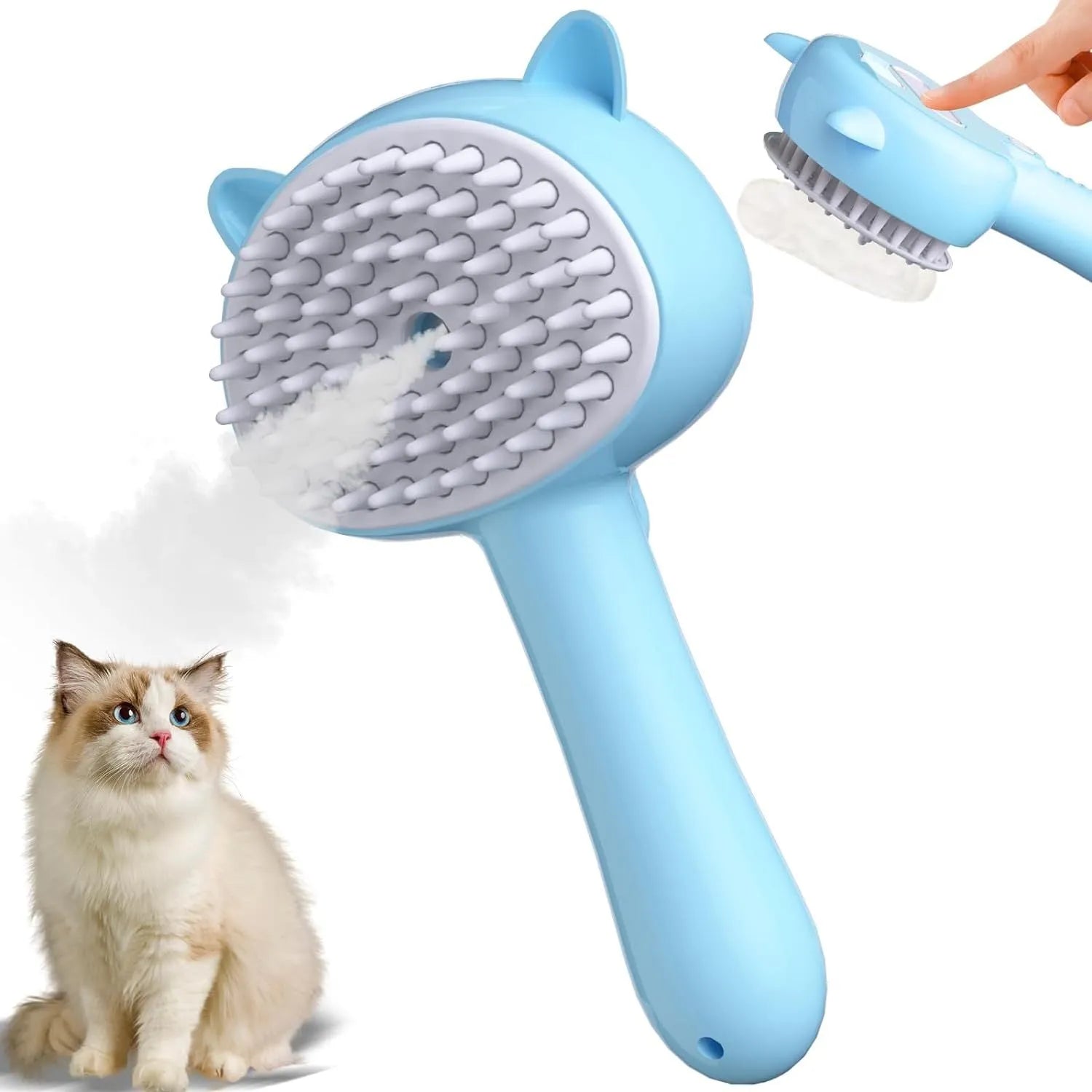 Cat steam brush with ergonomic handle and release button for pet grooming