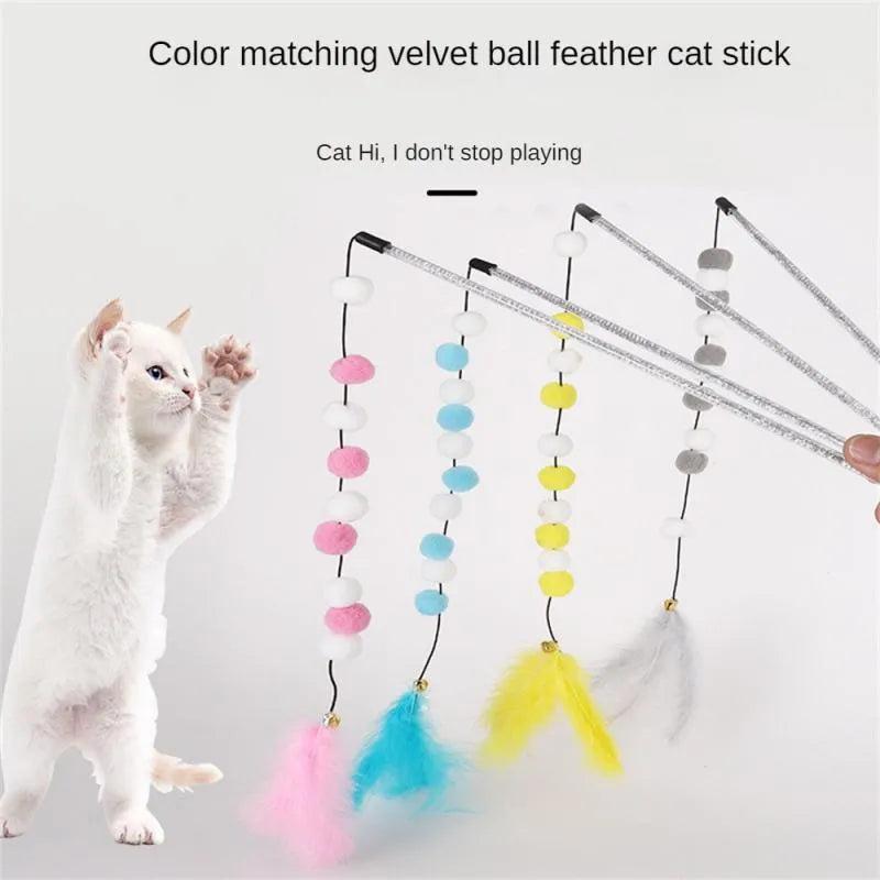 Colourful cat teaser stick with acrylic pompons, feathers, and bell on 31cm lightweight rod