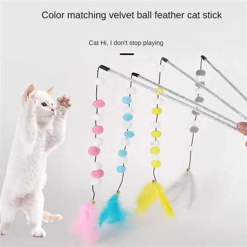 Colourful cat teaser stick with acrylic pompons, feathers, and bell on 31cm lightweight rod