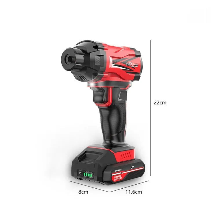Red and black portable wireless car air pump with battery, power cable, and sports ball adapters