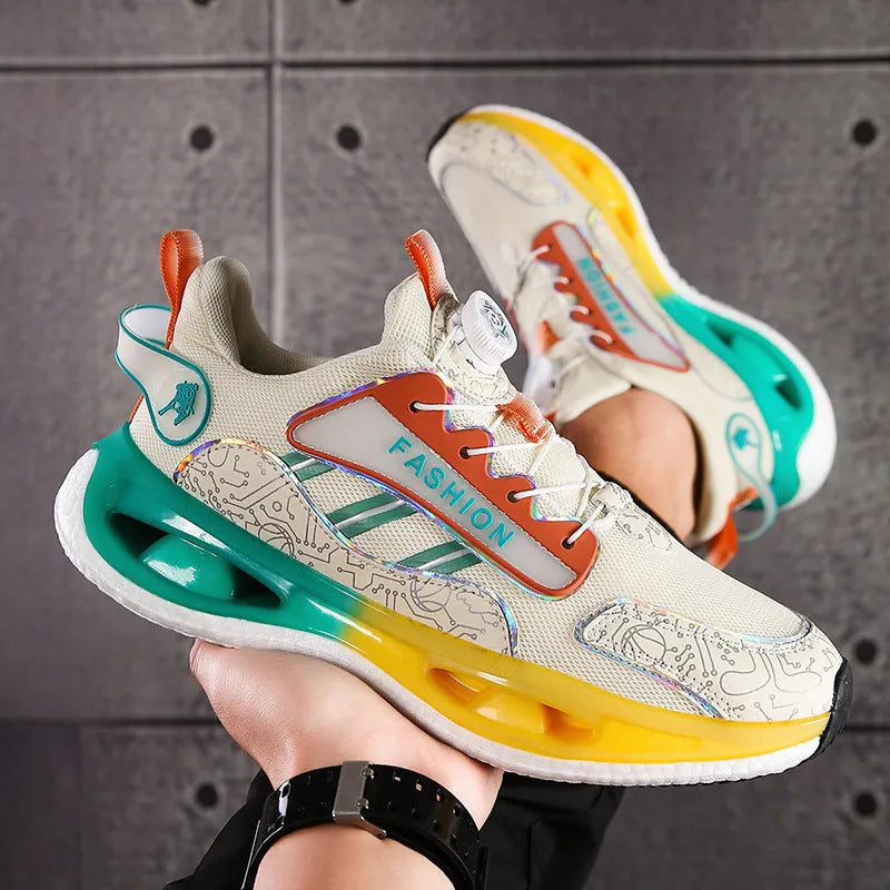 Men's low-top mesh sports shoes in beige orange, black, and white grey with elastic band and non-slip sole.
