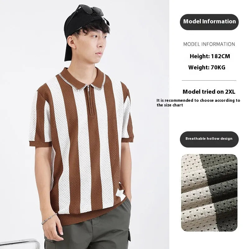 Men's striped ice silk short sleeve summer sweater with zip detail in multiple colour options