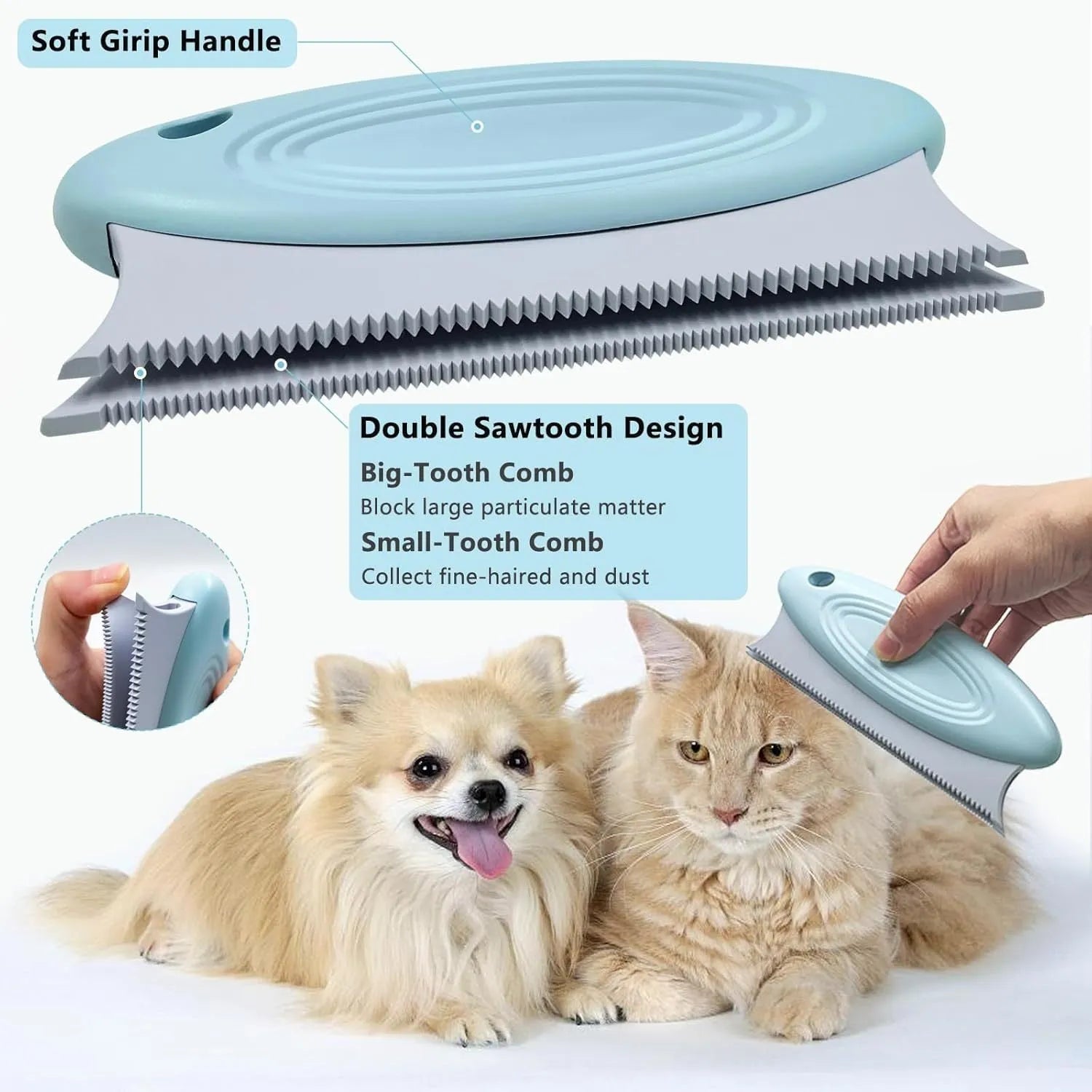 Three-piece pet hair remover set with beech wood handle, silicone brushes, and round plastic cleaner.