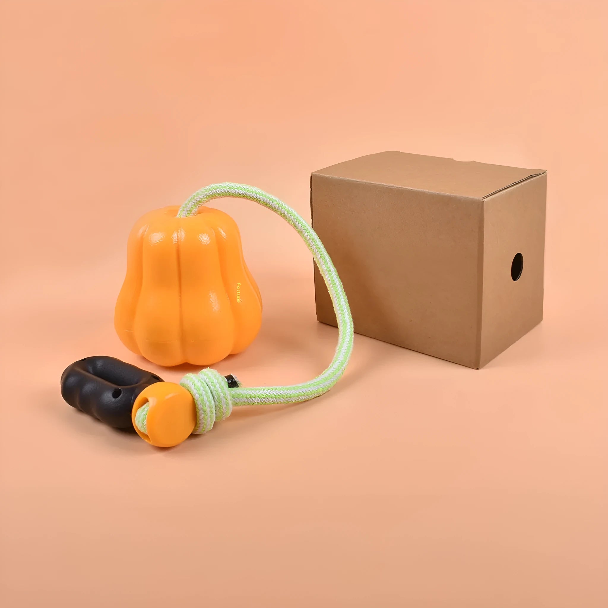 Orange plastic pumpkin-shaped dog toy with rope attached for throwing