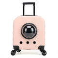 Hard-shell PVC pet flight trolley case for cats, shown in orange with wheels.