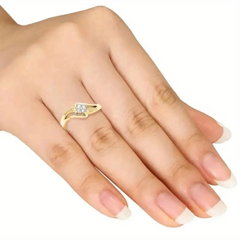 Copper diamond-shaped geometric ring with micro inlaid zircon stones in yellow gold colour