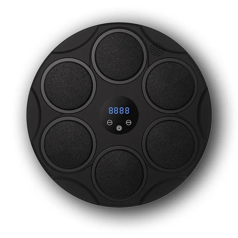 Black Bluetooth boxing target with coloured LED lights hanging on wall for fitness training
