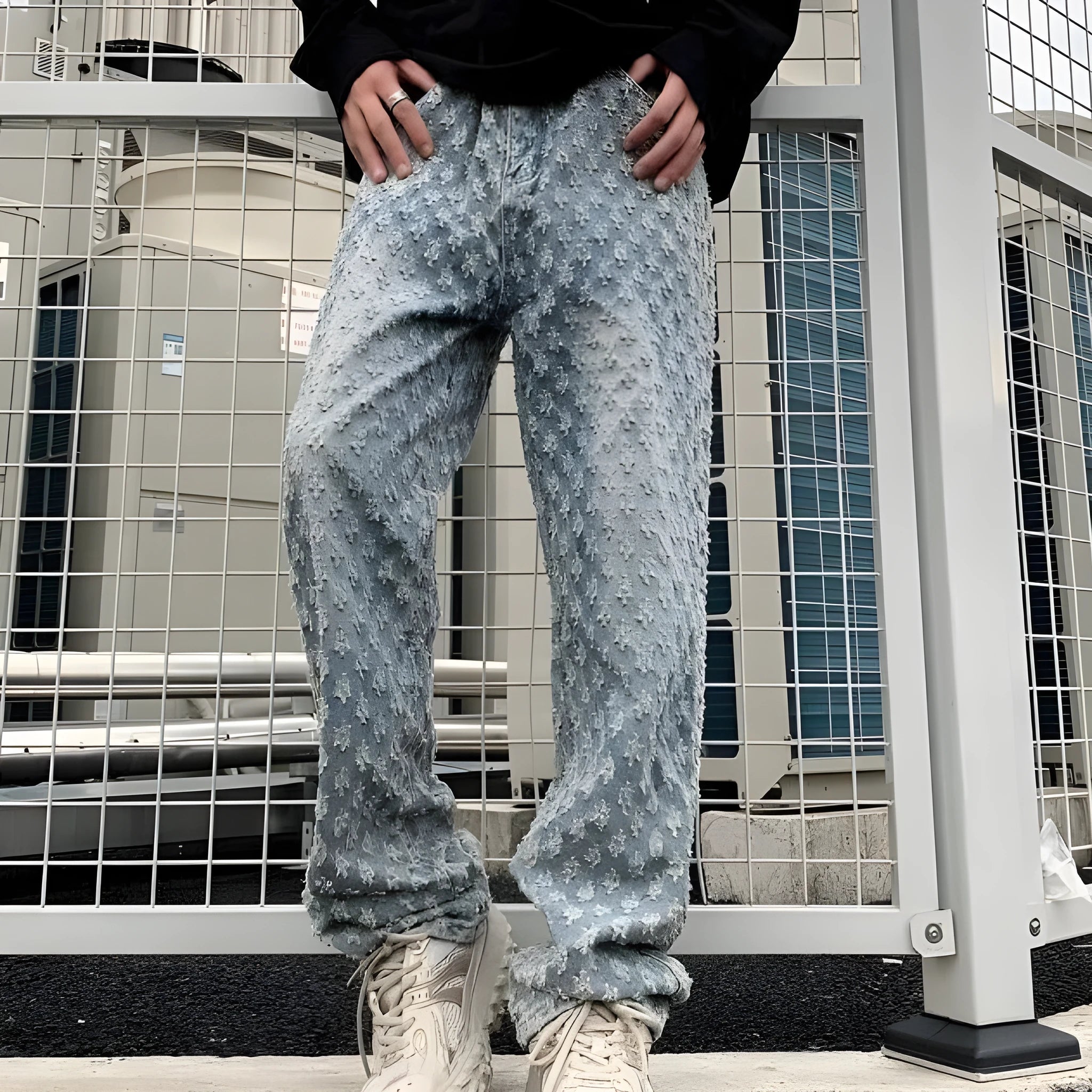 Men's jacquard full-print denim jeans in black, mid-rise button fly, streetwear casual trousers