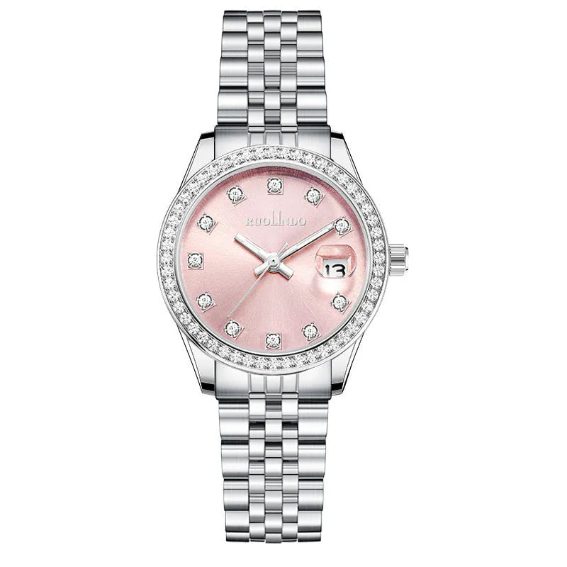Women's silver calendar watch with circular dial showing date function and stainless steel buckle