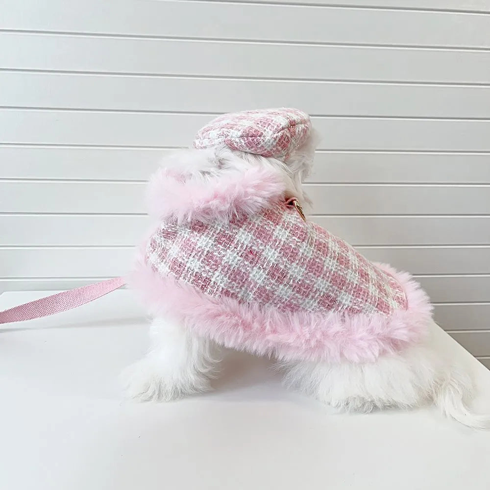Pink cat costume with beret and cape featuring integrated hand-held lead for fancy dress events