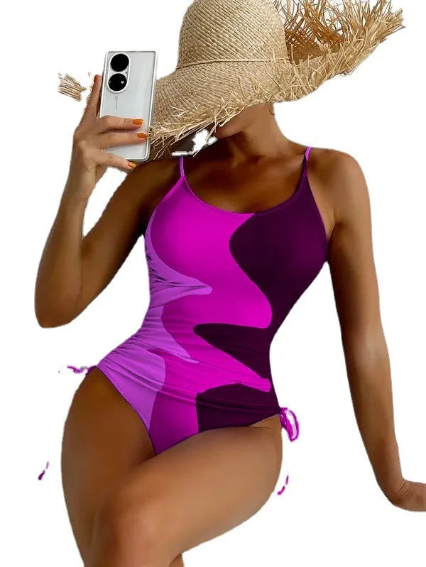 Women's sleeveless backless one-piece swimsuit in blue, purple, brown, or green colours