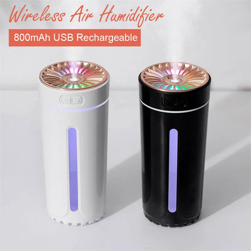 Black and white rechargeable USB humidifier with colourful lights for car and desk use.