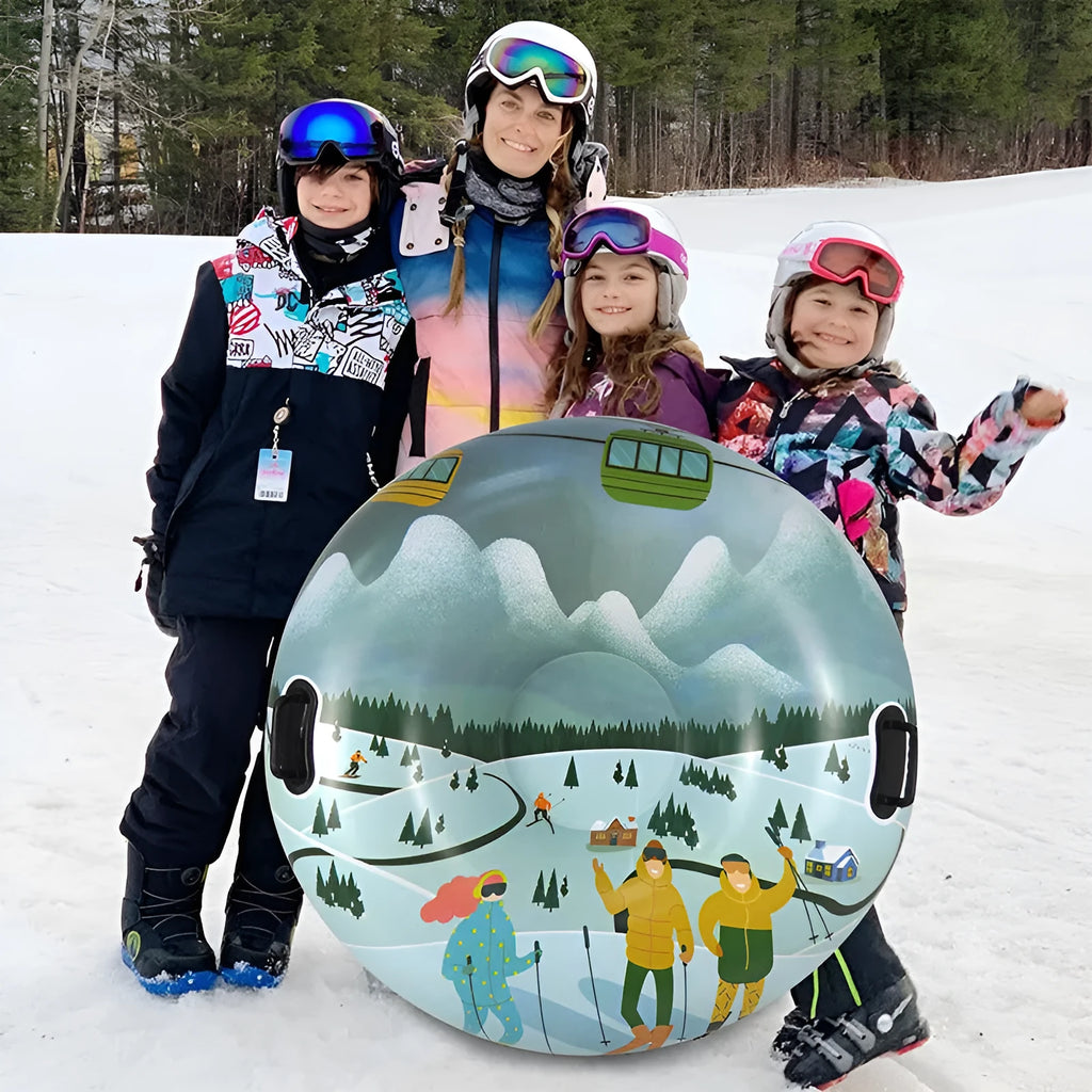 A thick PVC ski ring toy with a printed design for outdoor snow or beach play.