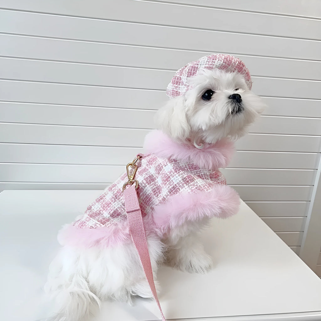 Pink cat costume with beret and cape featuring integrated hand-held lead for fancy dress events