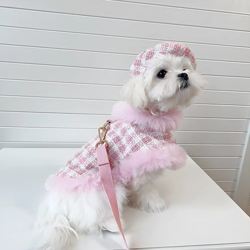 Pink cat costume with beret and cape featuring integrated hand-held lead for fancy dress events