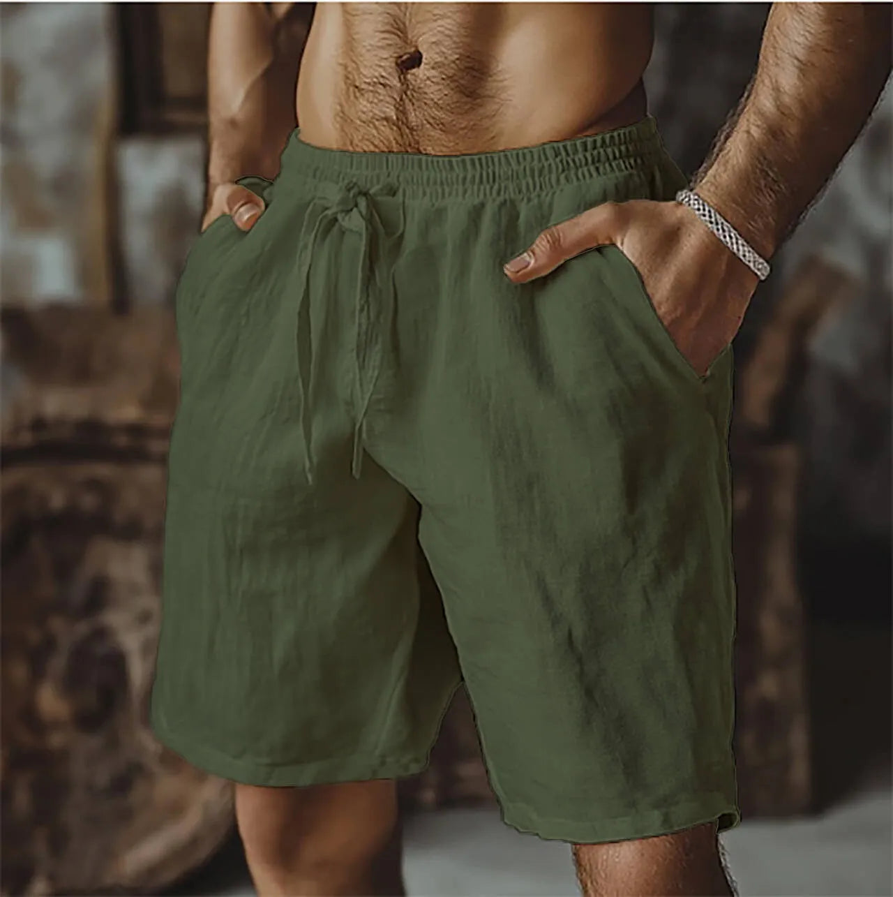 Men's straight-leg cotton linen casual shorts in grey, showing the British style and fit.