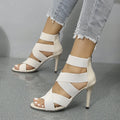 Women's high heel sandals with back zipper in black elastic fabric, size 38