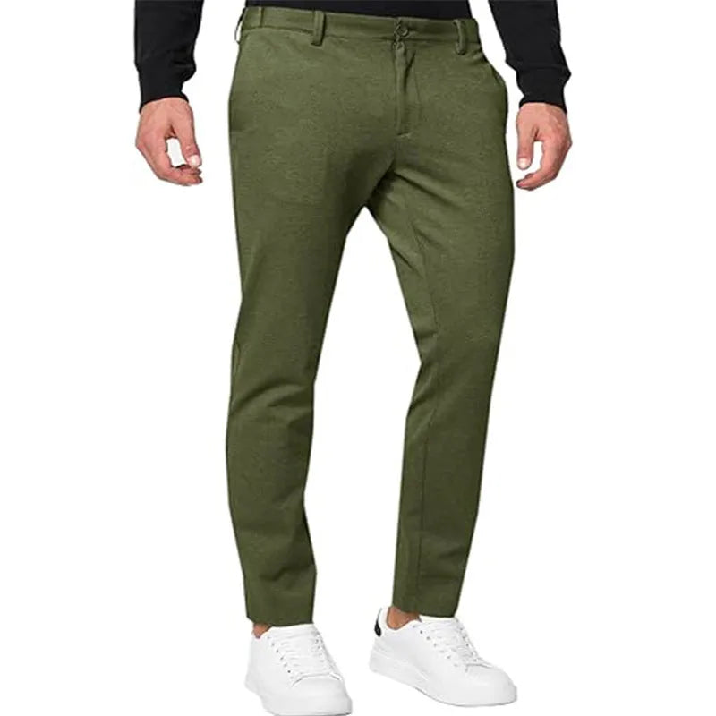 Men's slim-fit stretch chino trousers in khaki colour, showing tapered leg and zip fly detail.