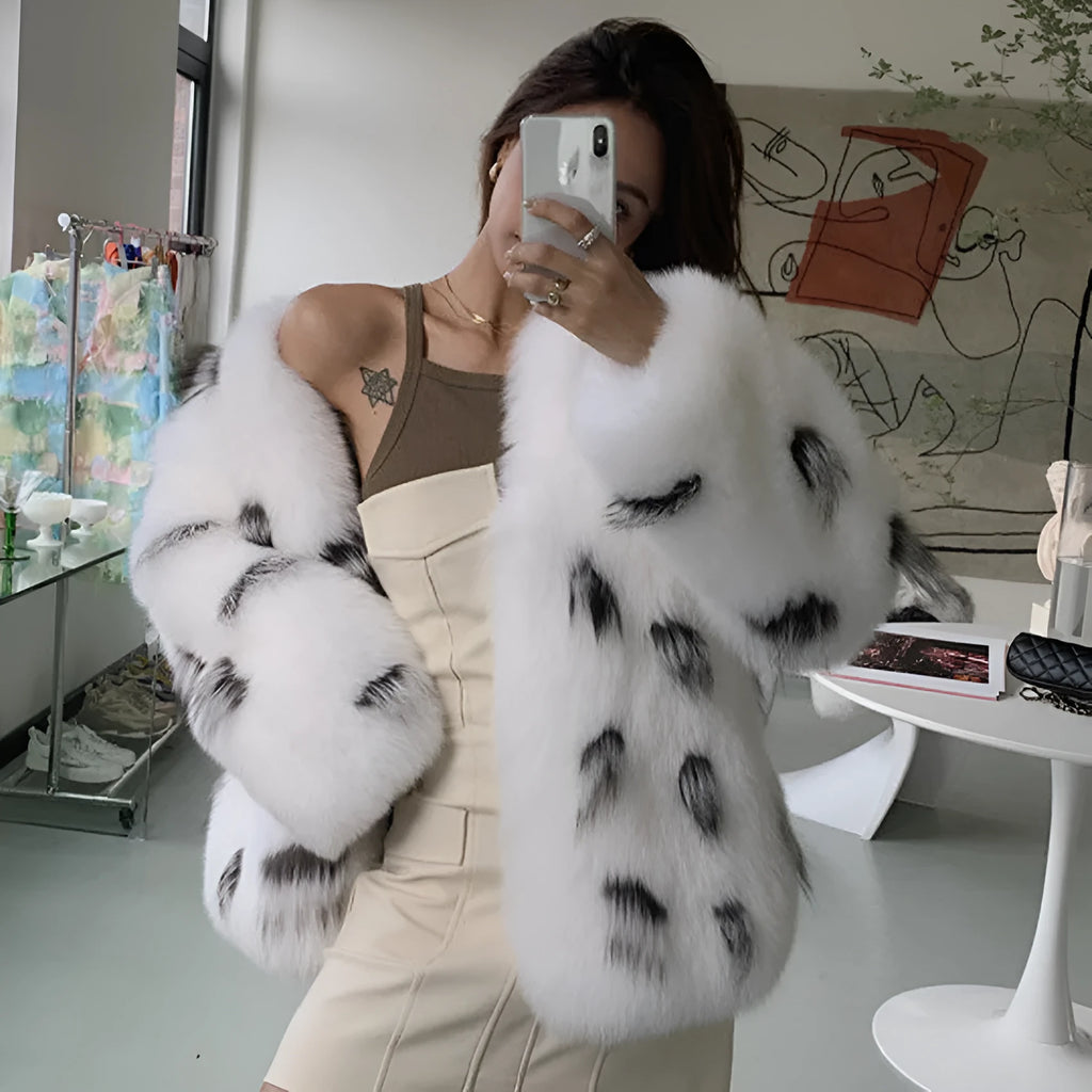 Women's plus size black and white raccoon pattern faux fur coat with short length