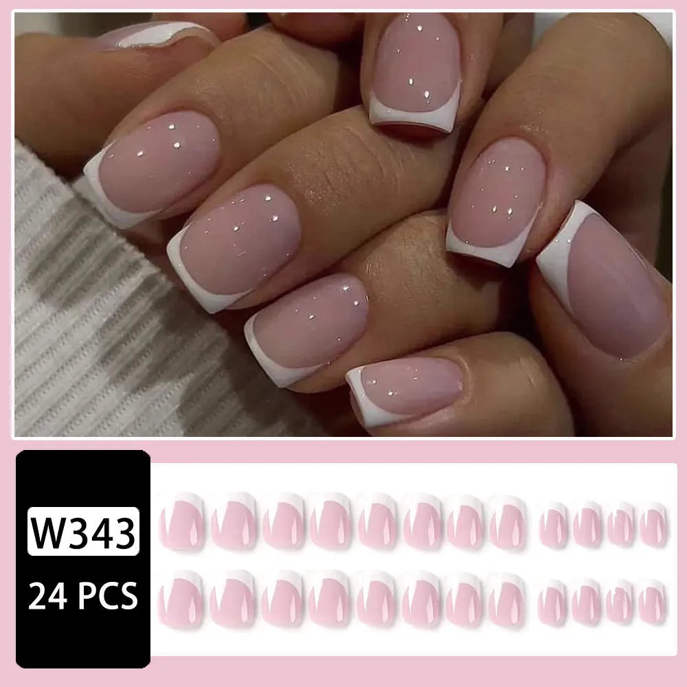 White fake nails with black plaid pattern, 24 pieces in a box.