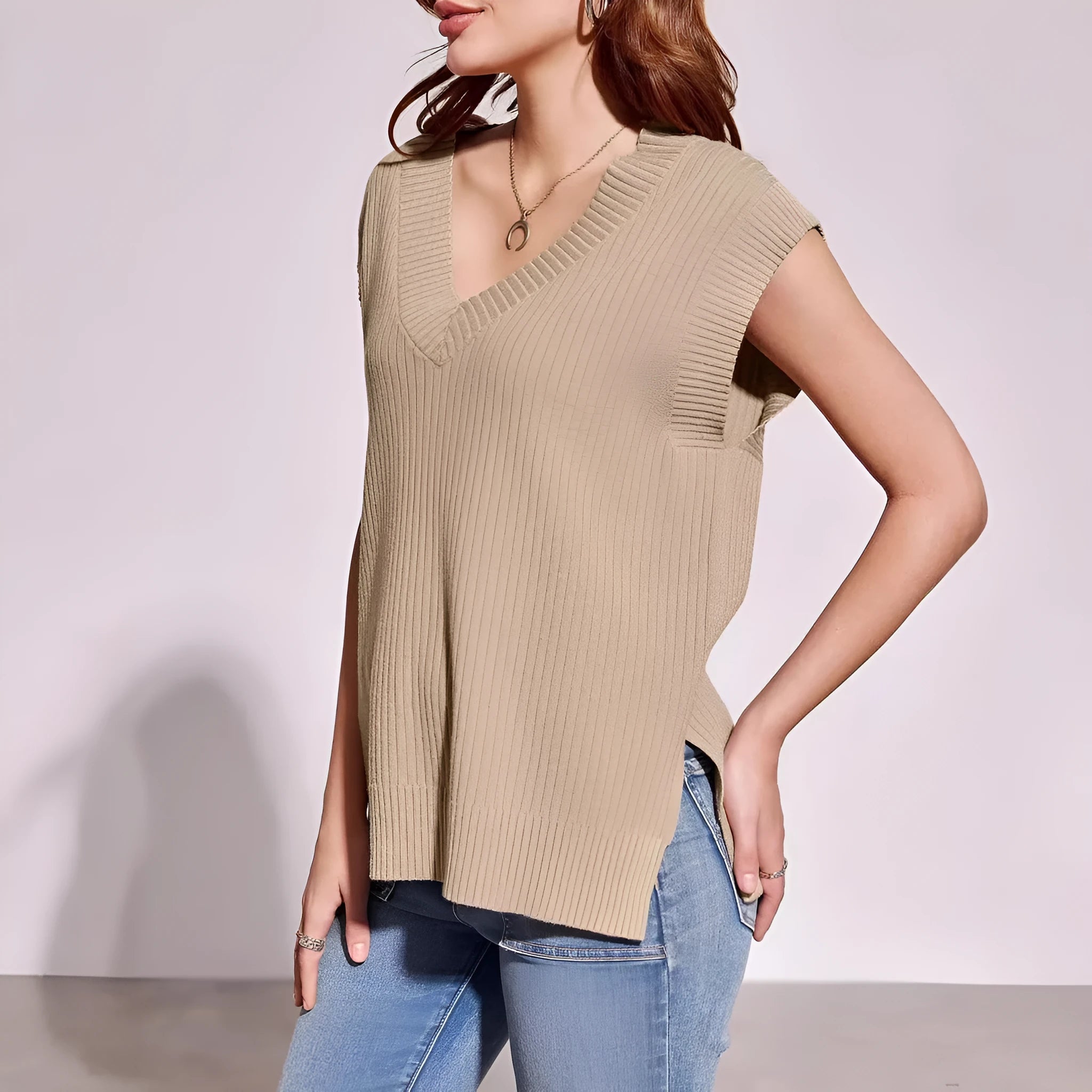 V-neck sleeveless loose pullover vest in camel viscose fibre with stripe pattern