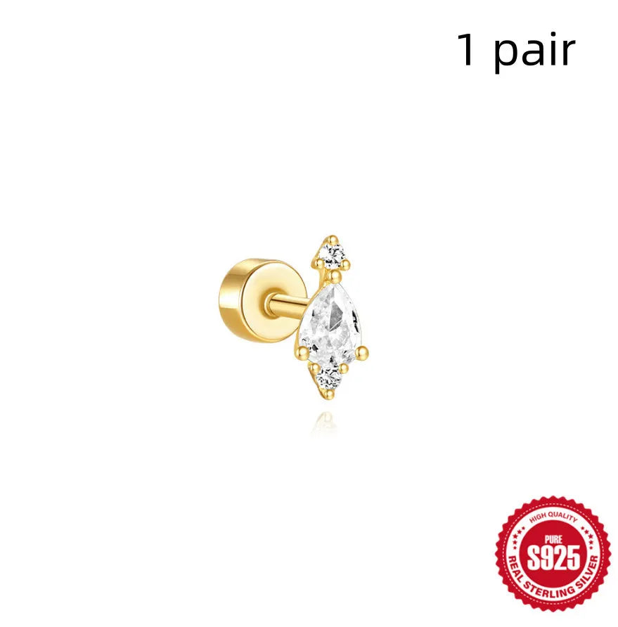 S925 sterling silver geometric flat column thread ear bone studs in gold plating.