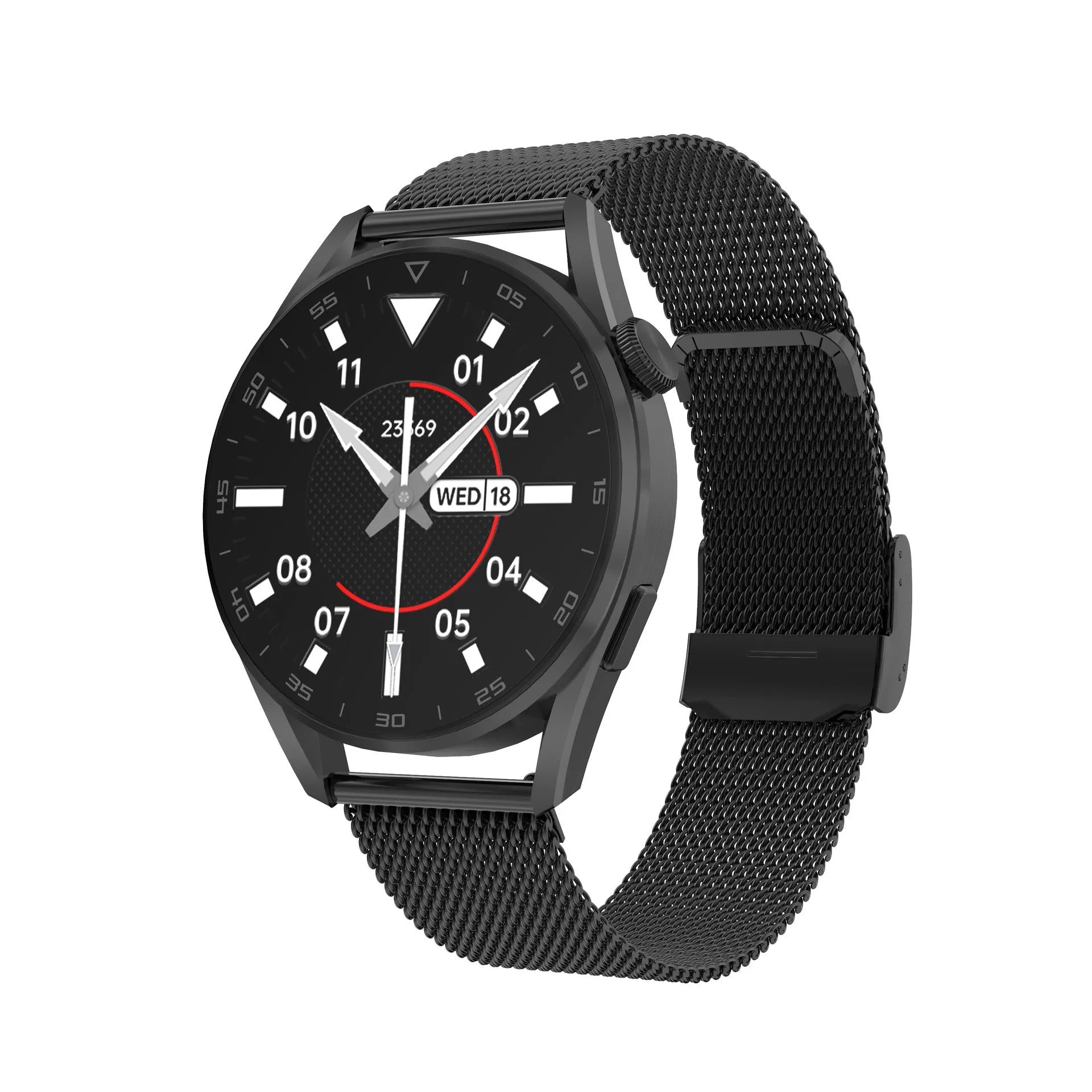 Black smart watch with metal wristband showing 1.3 inch display with Bluetooth calling interface