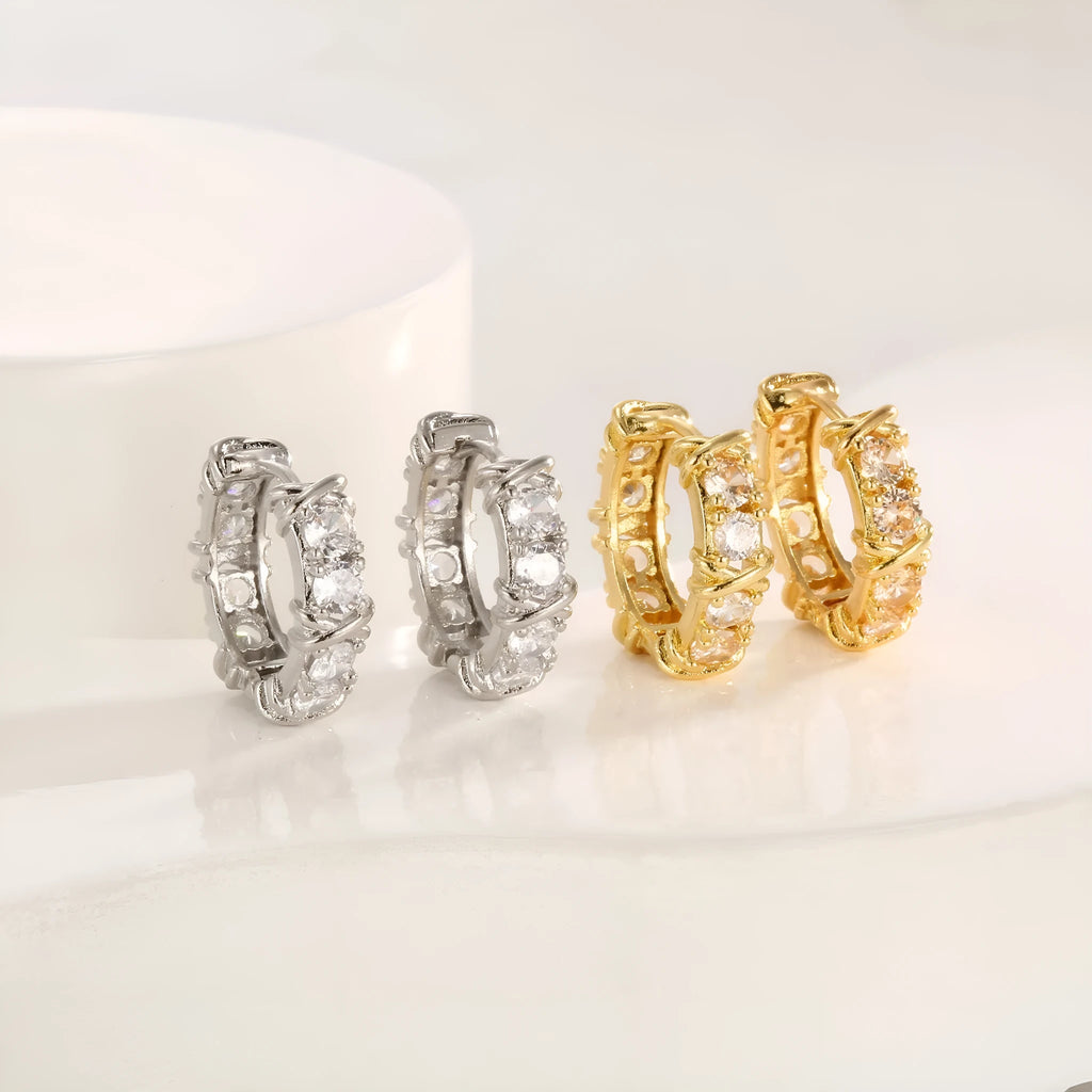 Geometric hexagonal earrings with clover cross design in silver or gold electroplated finish