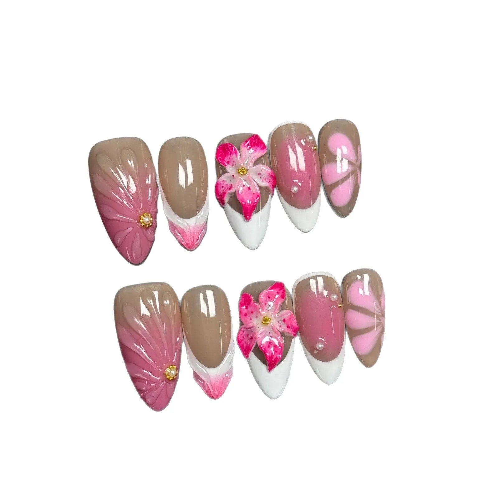 French style three-dimensional lily fluid ice flower nail art stickers in almond shaped plastic armour